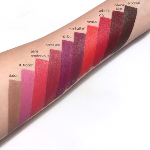 Ofra Liquid Lip stick swatch: brooklyn, havana nights, atlantic city,  venice, manhattan, malibu, santa ana, paris rendezvous, st tropez, dubai swatches